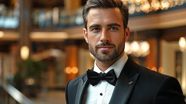 A charming celebrity man wearing a flawless black tuxedo