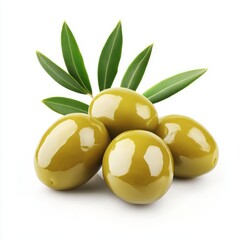 green olives with leaves isolated on white background