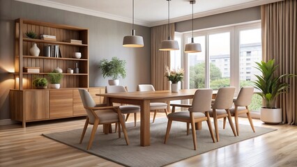 Fototapeta premium Sleek wooden furniture and subtle decor in neutral hues fill this contemporary dining space, perfect for relaxed