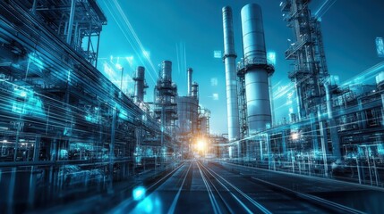 Fototapeta premium Futuristic Industrial Landscape with Glowing Pipelines and Towers