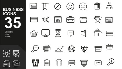 Set of 35 Business icons. Business and Finance web icons isolated. Money, contact, bank, check, law, auction, exchange, payment, wallet, deposit, piggy, calculator, coin and many more - stock vector