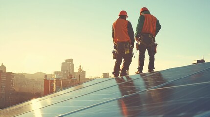 Renewable Energy Workers Examining Solar Panels on Rooftop