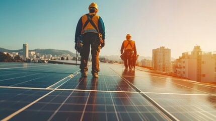 Sustainable Urban Development: Solar Energy Professionals Overlooking a Vibrant City Skyline