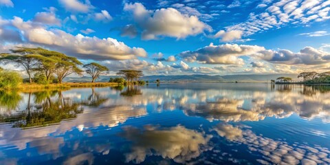 Obraz premium Lake Naivasha in the morning, soft, feathery clouds drifting across the sky, reflected perfectly in the lake's calm, glassy surface.