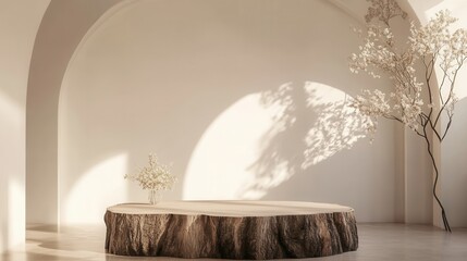 Rustic Tree Stump Podium with Soft Lighting and Floral Accents in a Modern Room. AI generated illustration