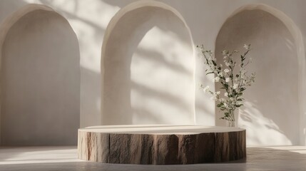 Rustic Tree Stump Podium with Soft Lighting and Floral Accents in a Modern Room. AI generated illustration