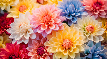 Colorful paper flowers create a decorative background. The multicolored artificial flowers form a creative banner with ample copyspace.