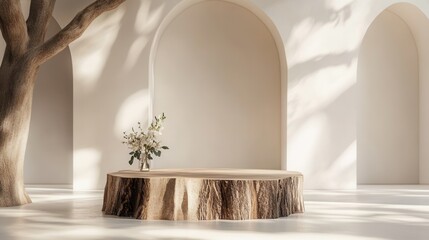 Rustic Tree Stump Podium with Soft Lighting and Floral Accents in a Modern Room. AI generated illustration