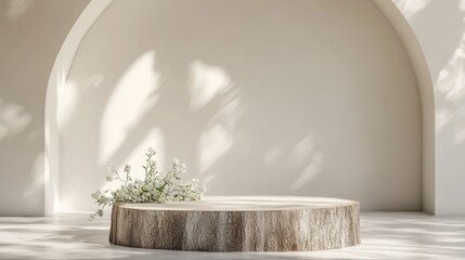 Rustic Tree Stump Podium with Soft Lighting and Floral Accents in a Modern Room. AI generated illustration