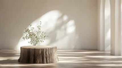 Rustic Tree Stump Podium with Soft Lighting and Floral Accents in a Modern Room. AI generated illustration