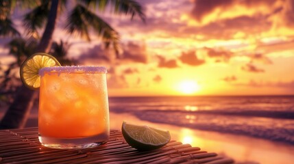 Tropical Beach Sunset with Margarita on a Bamboo Table, Palm Trees, and Golden Ocean Reflections. AI generated illustration