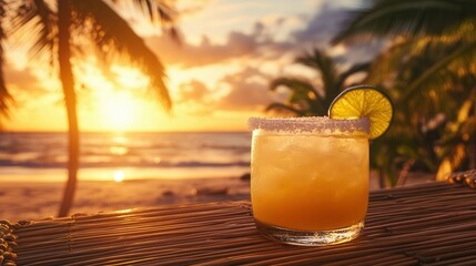 Tropical Beach Sunset with Margarita on a Bamboo Table, Palm Trees, and Golden Ocean Reflections. AI generated illustration