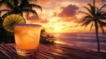 Tropical Beach Sunset with Margarita on a Bamboo Table, Palm Trees, and Golden Ocean Reflections. AI generated illustration