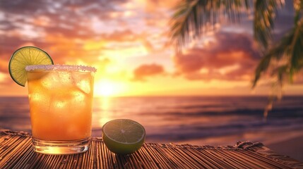 Tropical Beach Sunset with Margarita on a Bamboo Table, Palm Trees, and Golden Ocean Reflections. AI generated illustration