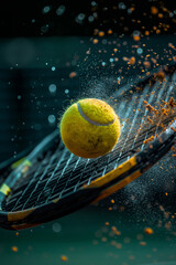Tennis dynamic and colorful background. Yellow ball hitting Tennis racket, Detailed photography of tennis match and sport equipment.