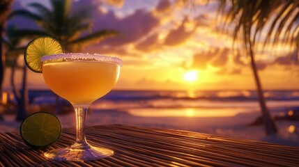 Tropical Beach Sunset with Margarita on a Bamboo Table, Palm Trees, and Golden Ocean Reflections. AI generated illustration