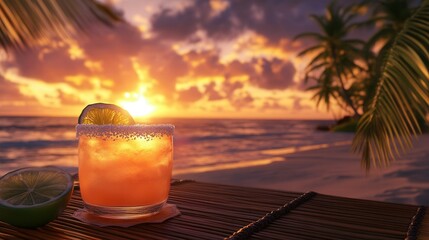 Tropical Beach Sunset with Margarita on a Bamboo Table, Palm Trees, and Golden Ocean Reflections. AI generated illustration