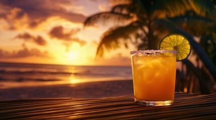 Tropical Beach Sunset with Margarita on a Bamboo Table, Palm Trees, and Golden Ocean Reflections. AI generated illustration