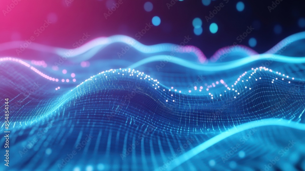 Poster digitally rendered animation of a futuristic digital landscape with holographic interfaces and float
