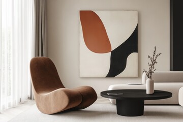 A stylish, contemporary living room with a focus on modern design and comfort. The room