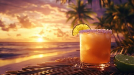 Tropical Beach Sunset with Margarita on a Bamboo Table, Palm Trees, and Golden Ocean Reflections. AI generated illustration