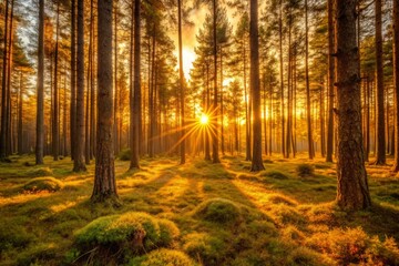 Capture the soft, warm light of a sunset over a forest where the forest floor is bathed in a warm, golden light, emphasizing the textures of the trees and underbrush.