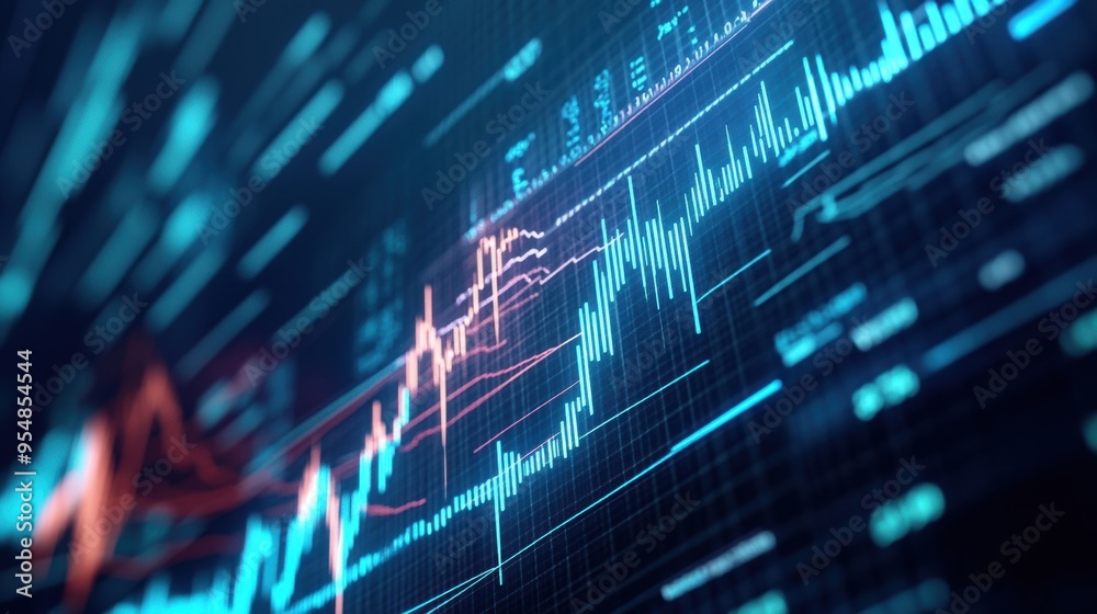 Poster hyperrealistic 3d loop of a digital stock market board with scrolling numbers and fluctuating graphs