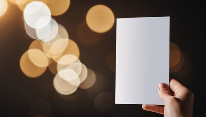 Obraz premium hand holding empty mockup booklet on dark background with bokeh , ai generated, ai