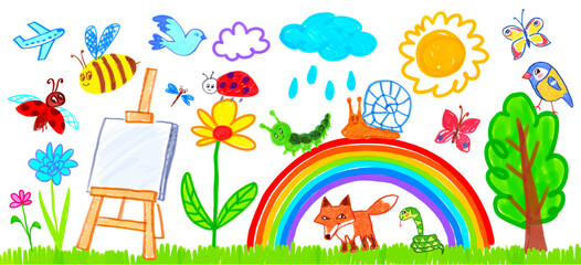 Felt pen hand drawn vector illustrations set of child drawing of landscape with rainbow, cute animals and artists easel
