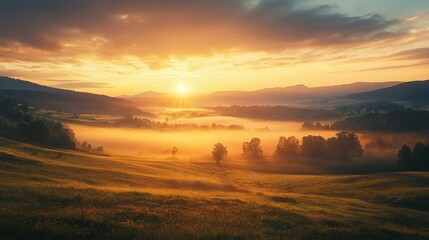 Fototapeta premium Misty Mountain Valley Sunrise with Golden Light