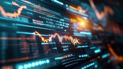 Hyperrealistic 3D loop of a digital stock market board with scrolling numbers and fluctuating graphs, providing a dynamic backdrop for finance-related content