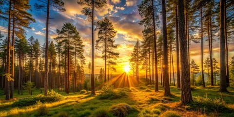 Obraz premium Capture the soft, warm light of a sunset over a forest where the atmosphere is alive with the sounds and movements of the forest's creatures, captured in the quiet moment before dusk.