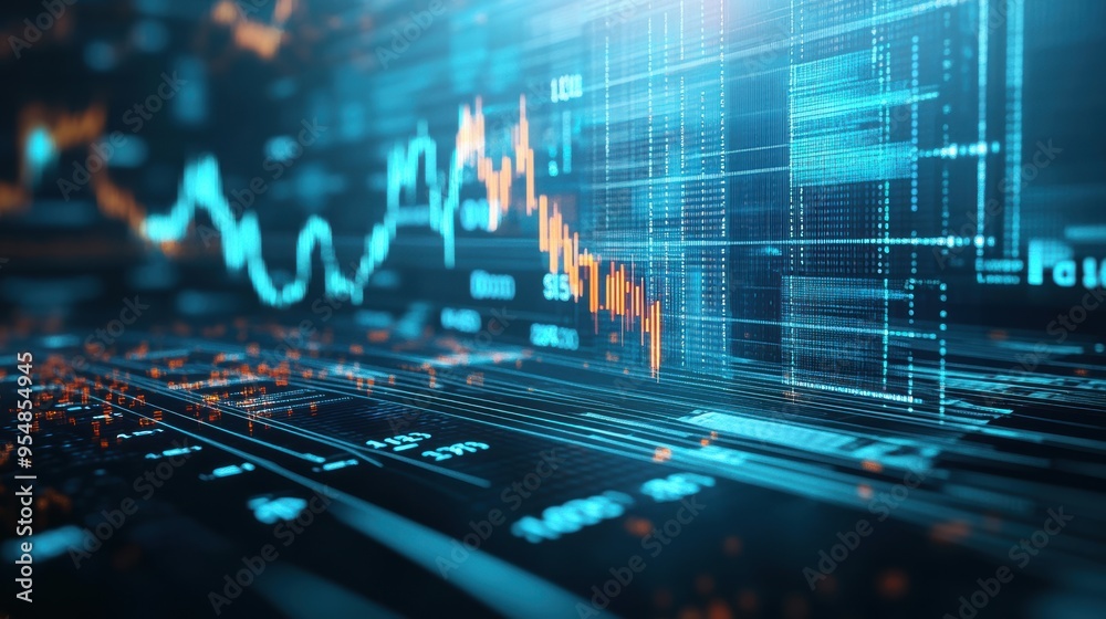 Poster hyperrealistic 3d loop of a digital stock market board with scrolling numbers and fluctuating graphs