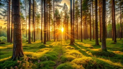 Obraz premium Capture the soft, warm light of a sunset over a forest where the viewer is immersed in the serene, peaceful atmosphere of the forest at dusk.