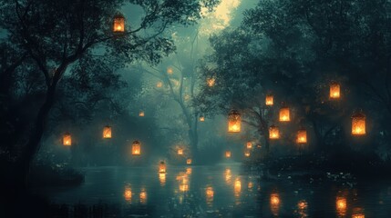 Obraz premium Enchanting Foggy Forest River Scene with Glowing Lanterns and Reflections.