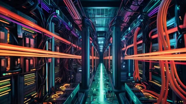 Rows of colorful cables and servers fill a futuristic data center.
