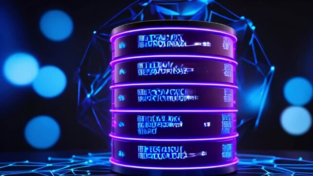 A glowing database server with SQL code displayed on each disk in a futuristic setting with a blue network in the background.