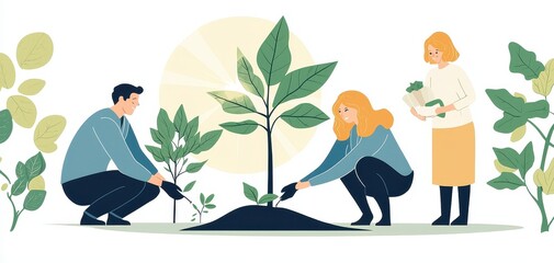 A group engaged in planting trees, showcasing teamwork in nurturing nature and promoting environmental sustainability.