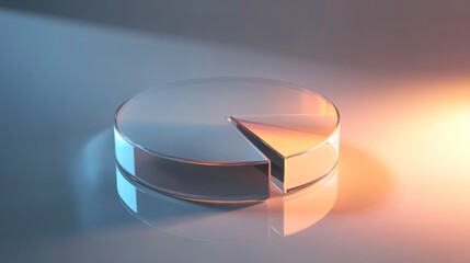 3D pie chart with translucent glass segments, glowing edges, and soft shadows on a reflective surface