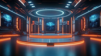 Futuristic Sci-Fi Interior with Neon Lights and Circular Stage.