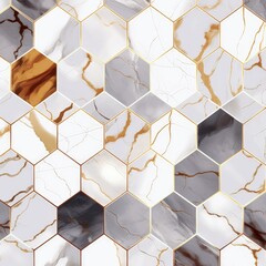 A stylish hexagonal tile pattern featuring shades of gray, white, and gold, ideal for interior design and decoration.