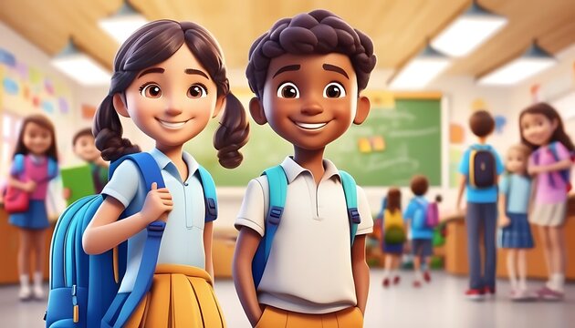 3D student girl and boy wearing a backpack in school by ai generated