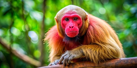 The bald uakari monkey's bright red face emits a bold statement, as it surveys its domain from the