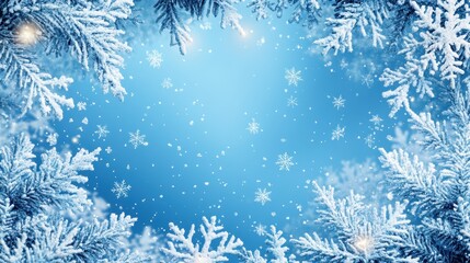 Snow-Covered Pine Branches with Falling Snowflakes and Sparkling Lights Winter Background.