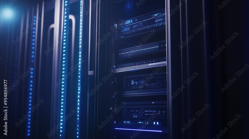 Poster a modern data center with illuminated server racks showcasing advanced technology and efficient orga