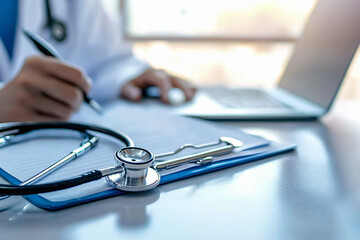 Stethoscope on a table in a medical clinic, with a blurred doctor is using a laptop computer and writing on a medical records while sitting at a desk in the hospital. 