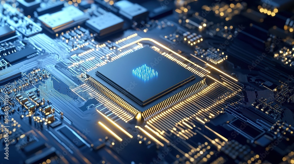 Poster close-up view of a computer processor on a circuit board illuminated by blue lights during a technol