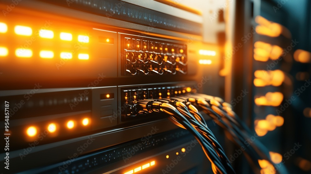 Poster close-up view of a server rack with illuminated network connections and cables in a data center duri
