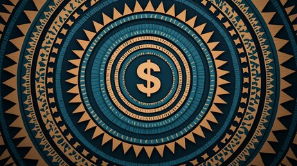 Fototapeta premium Abstract design featuring a dollar symbol within intricate geometric patterns and vibrant colors, representing finance and wealth.