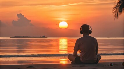 Silhouette of a person listening to music during sunset on the beach.